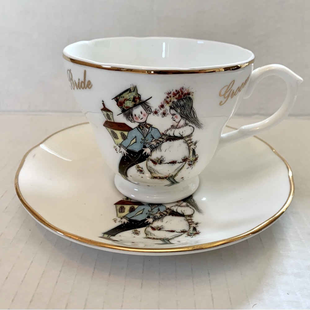 Liverpool road pottery fine bone China saucer and cup set Bride and Groom
